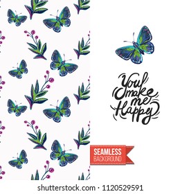 Embroidery flowers and insects greeting card. Salutation card decorated by seamless pattern with embroidered flower, insect bug. Positive motivation text: you make me happy. Stitched fabric style.