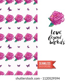 Embroidery flowers and insects greeting card. Salutation card decorated by seamless pattern with embroidered flower, insect bug. Positive motivation text: love beyond words. Stitched fabric style.