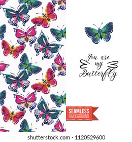 Embroidery flowers and insects greeting card. Salutation card decorated by seamless pattern with embroidered flower, insect bug. Positive motivation text: you are my butterfly. Stitched fabric style.