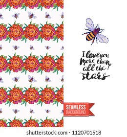 Embroidery flowers and insects greeting card. Salutation card decorated by seamless pattern with embroidered flower, insect bug. Positive motivation text: i love you more than all the stars.