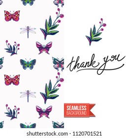 Embroidery flowers and insects greeting card. Salutation card decorated by seamless pattern with embroidered flower, insect bug. Positive motivation text: thank you. Stitched fabric style.