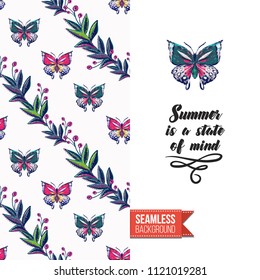 Embroidery flowers and insects greeting card. Salutation card decorated by seamless pattern with embroidered flower, insect bug. Positive motivation text: summer is a state of mind.