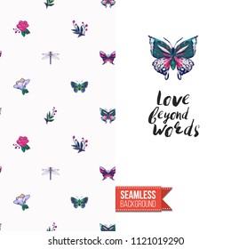 Embroidery flowers and insects greeting card. Salutation card decorated by seamless pattern with embroidered flower, insect bug. Positive motivation text: love beyond words. Stitched fabric style.
