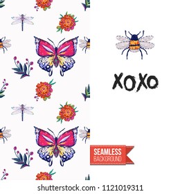 Embroidery flowers and insects greeting card. Salutation card decorated by seamless pattern with embroidered flower, insect bug. Positive motivation text: xoxo. Stitched fabric style.