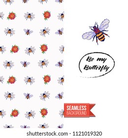 Embroidery flowers and insects greeting card. Salutation card decorated by seamless pattern with embroidered flower, insect bug. Positive motivation text: be my butterfly. Stitched fabric style.
