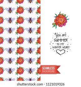 Embroidery flowers and insects greeting card. Salutation card decorated by seamless pattern with embroidered flower, insect bug. Positive motivation text: you are summer to my winter heart.