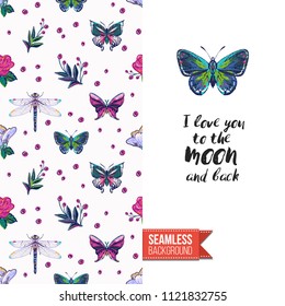 Embroidery flowers and insects greeting card. Salutation card decorated by seamless pattern with embroidered flower, insect bug. Positive motivation text: i love you to the moon and back.