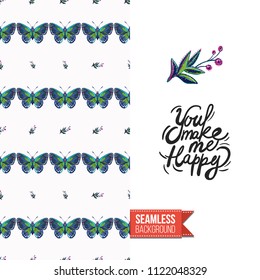 Embroidery flowers and insects greeting card. Salutation card decorated by seamless pattern with embroidered flower, insect bug. Positive motivation text: you make me happy. Stitched fabric style.