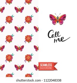 Embroidery flowers and insects greeting card. Salutation card decorated by seamless pattern with embroidered flower, insect bug. Positive motivation text: call me. Stitched fabric style.