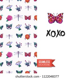 Embroidery flowers and insects greeting card. Salutation card decorated by seamless pattern with embroidered flower, insect bug. Positive motivation text: xoxo. Stitched fabric style.