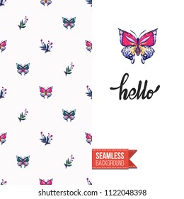 Embroidery flowers and insects greeting card. Salutation card decorated by seamless pattern with embroidered flower, insect bug. Positive motivation text: hello. Stitched fabric style.
