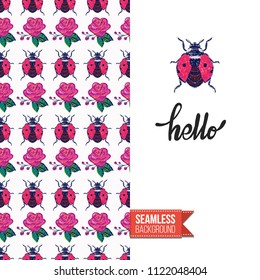 Embroidery flowers and insects greeting card. Salutation card decorated by seamless pattern with embroidered flower, insect bug. Positive motivation text: hello. Stitched fabric style.