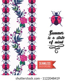Embroidery flowers and insects greeting card. Salutation card decorated by seamless pattern with embroidered flower, insect bug. Positive motivation text: summer is a state of mind.