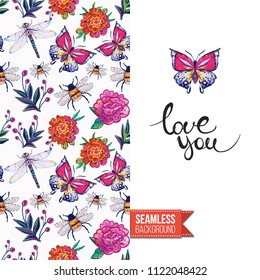 Embroidery flowers and insects greeting card. Salutation card decorated by seamless pattern with embroidered flower, insect bug. Positive motivation text: love you. Stitched fabric style.