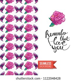 Embroidery flowers and insects greeting card. Salutation card decorated by seamless pattern with embroidered flower, insect bug. Positive motivation text: remember that i love you.