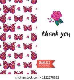 Embroidery flowers and insects greeting card. Salutation card decorated by seamless pattern with embroidered flower, insect bug. Positive motivation text: thank you. Stitched fabric style.