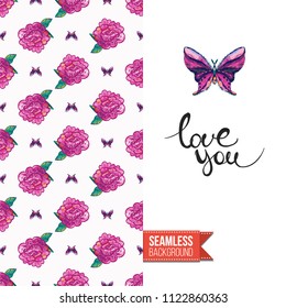 Embroidery flowers and insects greeting card. Salutation card decorated by seamless pattern with embroidered flower, insect bug. Positive motivation text: love you. Stitched fabric style.