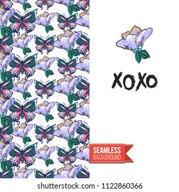 Embroidery flowers and insects greeting card. Salutation card decorated by seamless pattern with embroidered flower, insect bug. Positive motivation text: xoxo. Stitched fabric style.