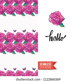 Embroidery flowers and insects greeting card. Salutation card decorated by seamless pattern with embroidered flower, insect bug. Positive motivation text: hello. Stitched fabric style.