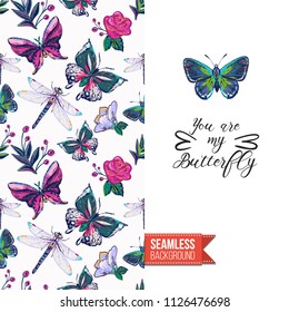 Embroidery flowers and insects greeting card. Salutation card decorated by seamless pattern with embroidered flower, insect bug. Positive motivation text: you are my butterfly. Stitched fabric style.