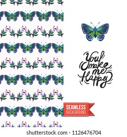 Embroidery flowers and insects greeting card. Salutation card decorated by seamless pattern with embroidered flower, insect bug. Positive motivation text: you make me happy. Stitched fabric style.