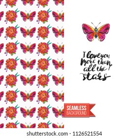 Embroidery flowers and insects greeting card. Salutation card decorated by seamless pattern with embroidered flower, insect bug. Positive motivation text: i love you more than all the stars.