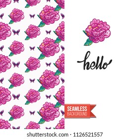 Embroidery flowers and insects greeting card. Salutation card decorated by seamless pattern with embroidered flower, insect bug. Positive motivation text: hello. Stitched fabric style.