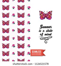 Embroidery flowers and insects greeting card. Salutation card decorated by seamless pattern with embroidered flower, insect bug. Positive motivation text: summer is a state of mind.