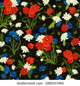 Embroidery flowers and leaves seamless pattern. Poppies, cornflowers and chamomile. Fashionable design of clothing patterns. Endless texture.