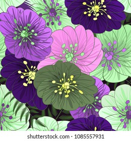 Embroidery flowers and leaves seamless pattern. Tropmic plants. Fashionable design of clothing patterns. Endless texture.