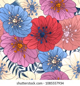 Embroidery flowers and leaves seamless pattern. Tropmic plants. Fashionable design of clothing patterns. Endless texture.