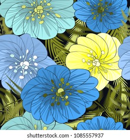 Embroidery flowers and leaves seamless pattern. Tropmic plants. Fashionable design of clothing patterns. Endless texture.