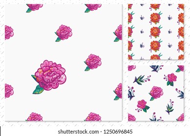 Embroidery flowers pattern set. Decorative seamless backgrounds with floral motif. Vintage watercolor style.
