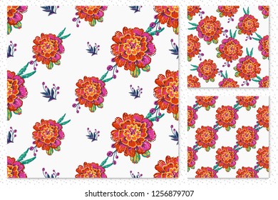 Embroidery flowers pattern set. Decorative seamless backgrounds with floral motif. Vintage watercolor style.
