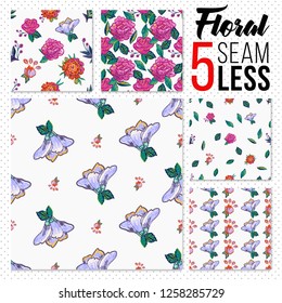 Embroidery flowers pattern set. Decorative seamless backgrounds with floral motif. Vintage watercolor style.
