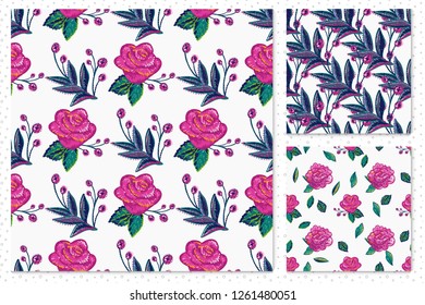 Embroidery flowers pattern set. Decorative seamless backgrounds with floral motif. Vintage watercolor style.
