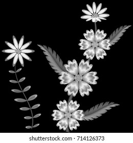 Embroidery of flowers for print on shirts. The embroidered ornament from flower patterns on a black background for clothes elements, pockets and aprons