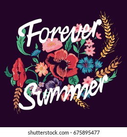 Embroidery flowers with slogan Forever Summer.illustration vector for t shirt, and other clothes, accessories