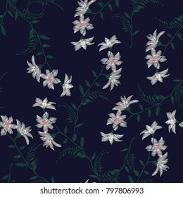 Embroidery flowers, spring seamless pattern. Classical forest embroidery autumn leaves, spring flowers, seamless pattern. Fashionable template for design of clothes, t-shirt design on navy blue 