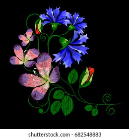 Embroidery of flowers, for your neck, bags, shirts on a black background. Vector illustration.