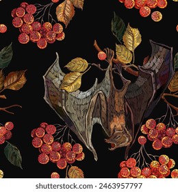 Embroidery. Flying bat, autumn leaves, red branches of a mountain ash berry, white flowers. Gothic template for design of clothes