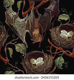 Embroidery. Flying bat and nest with eggs. Halloween seamless pattern. Fashion gothic art, template for design of clothes, t-shirt