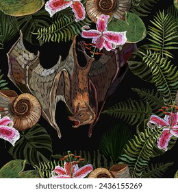 Embroidery flying bat and orchid exotic tropical flowers. Night jungle forest. Gothic template for clothes, embroideries, t-shirt design