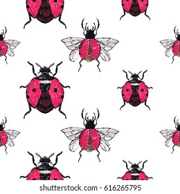 Embroidery flying ladybag and red bug. Fashion patch with insects illustration. Seamless pattern backdrop. Trendy traditional art on white background.