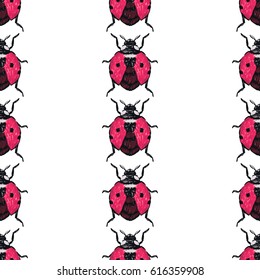 Embroidery flying ladybag and red bug. Fashion patch with insects illustration. Seamless pattern backdrop. Trendy traditional art on white background.