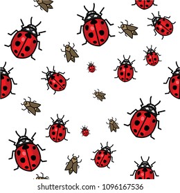 Embroidery flying ladybug. Fashion patch with insects illustration. Seamless pattern backdrop.