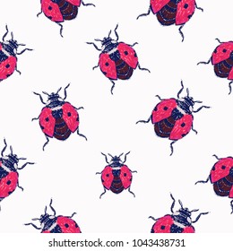 Embroidery flying ladybug, insect patch. Fashion patches with summer wild nature illustration embroideries. Seamless pattern backdrop. Trendy traditional art with bugs insects on white background.