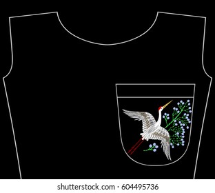 Embroidery flying textile crane bird with summer wildflowers for t-shirt pocket, neckline. Vector asian fashion embroidered floral ornament, fancywork pattern for fabric traditional folk decoration