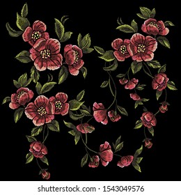Embroidery foliage pattern with violet flowers. Vector embroidered floral patch.