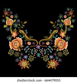 Embroidery folk neck line pattern with roses and lizards. Vector embroidered floral bouquet with flowers for clothing design
